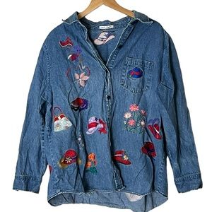 Edward Woman | Vintage embroidered button down denim shirt size extra la…